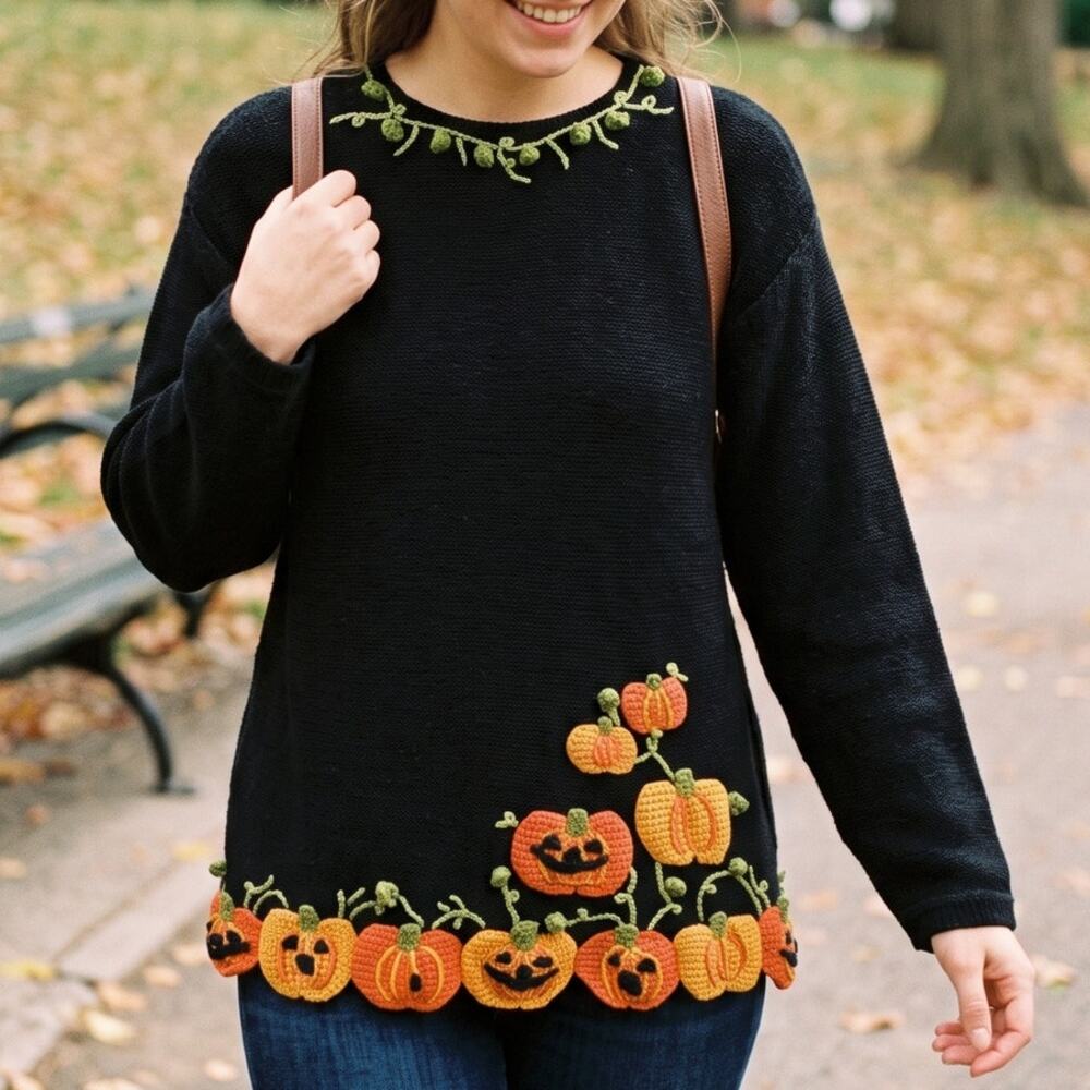Vintage Karen Scott Halloween Pumpkin Fall Whimsy Art Sweater